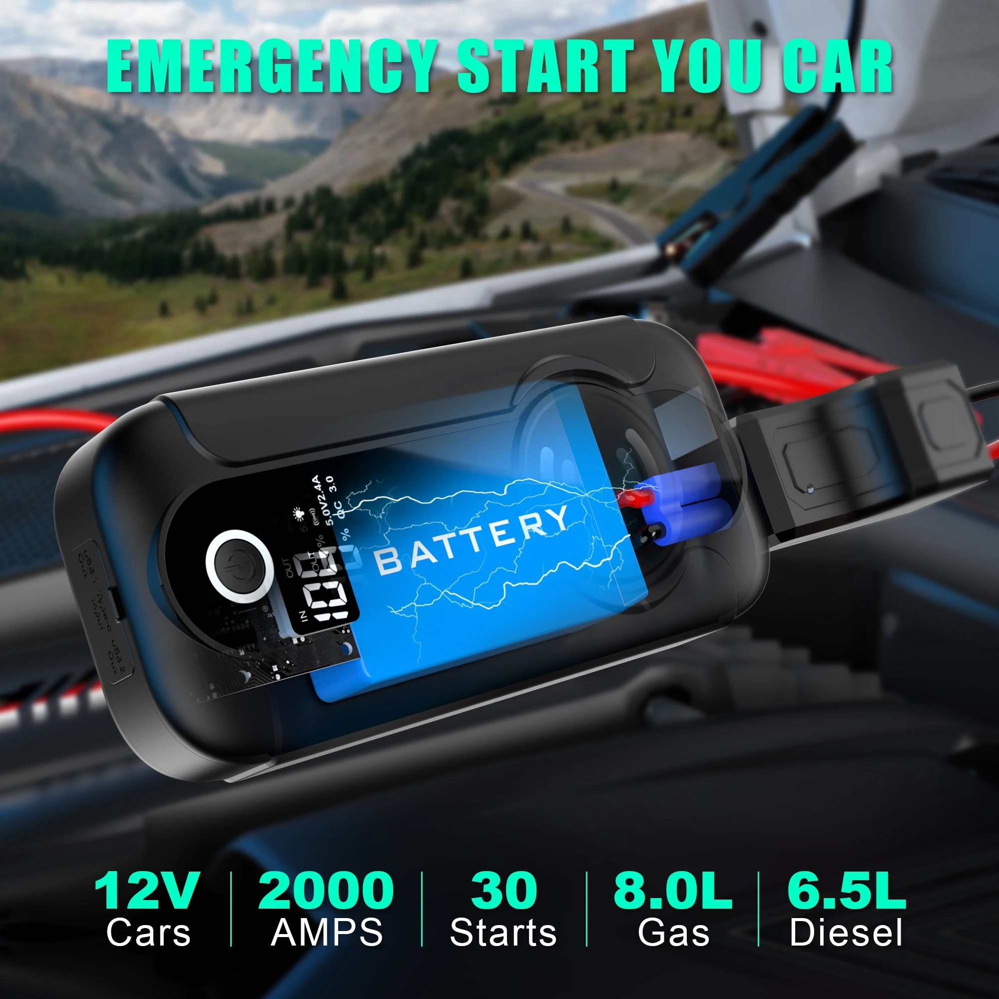 Multifunctional 12V/24V Truck Car Battery Jump Starter Power Bank 2000A SOS LED Light Wireless Charging Winter Cold Start Rescue