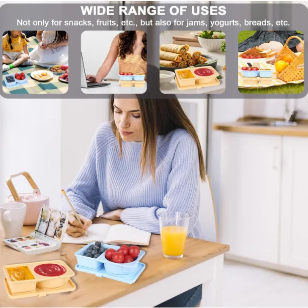 Portable Double-Compartment Silicone Snack Container Foldable Lid Microwavable Seasoning Sauce Box for Cooking Lunches details