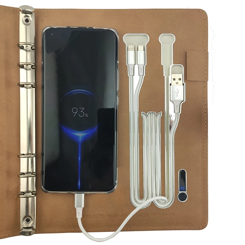 Multifunction Wireless charger USB Flash Driver LED Light Logo A5 size PU Leather Organizer with Power Bank