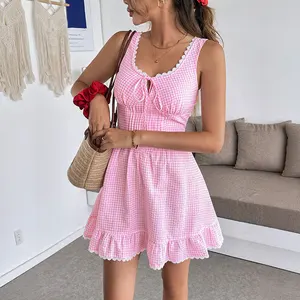 2026 New Vacation Sweet and Girlish Style Halter Mini Skirt, pink Checkered Patchwork Lace Bow Tie Dress