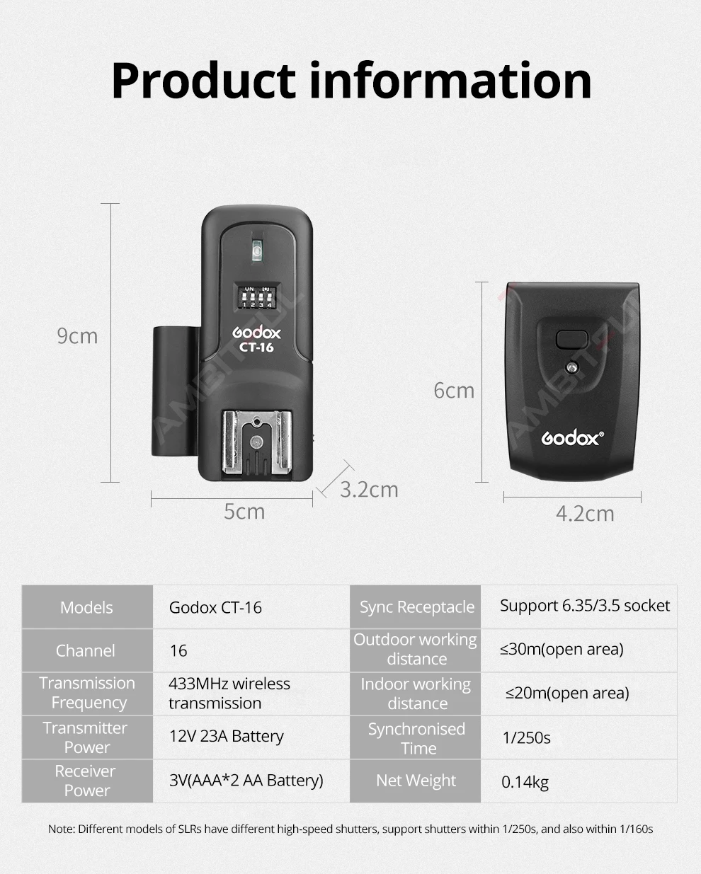 Godox CT-16 16 Channels Wireless Radio Flash Trigger Transmitter + Receiver Set for Canon Nikon Pentax Studio Flash