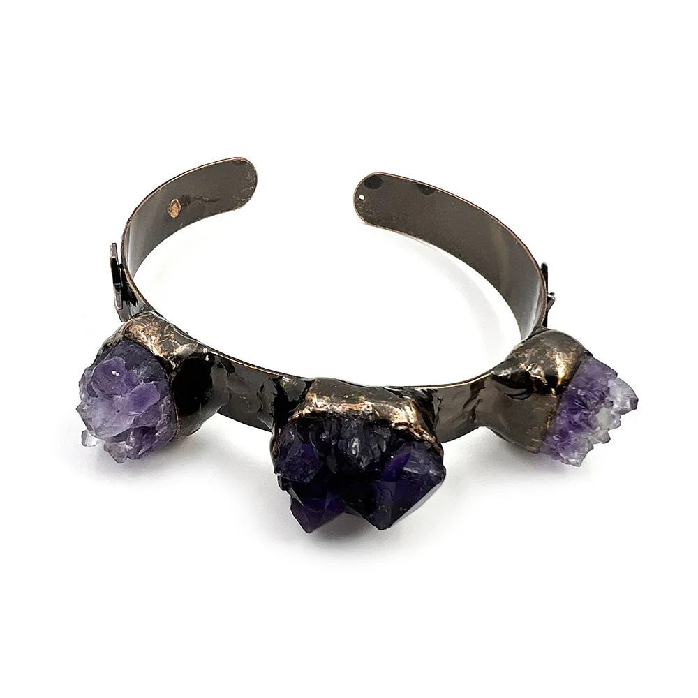antique bronze plating wide cuff ring bracelet natural amethyst cluster crystal gemstone adjustable bangle vintage jewelry gifts