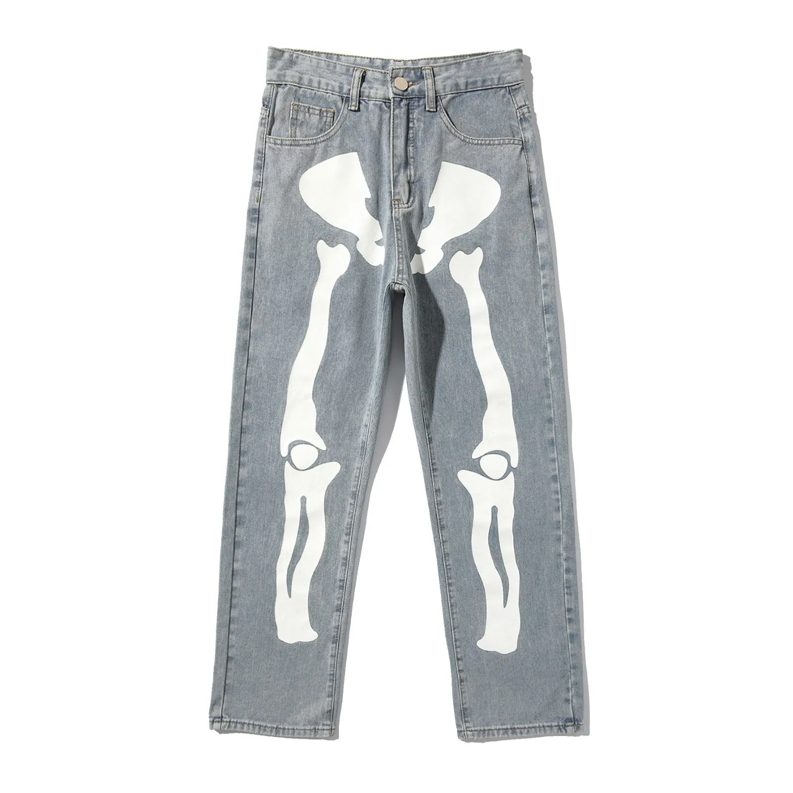 Wholesale Custom Bone Printed Men's Jeans Denim Acid Wash