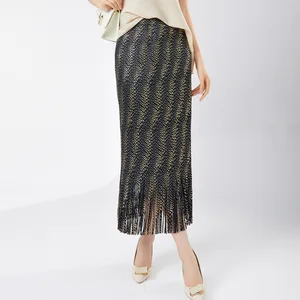 Women's Vintage Pleated Skirt Elegant and Casual Unique Fringed Long Design With Natural Waistline and Tassel Decoration