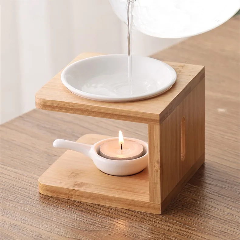 Eco-Friendly Home Aromatherapy Essential Oil Diffuser Ceramic Tealight Oven Candle Bamboo Fragrance Oil Burner Home Decoration