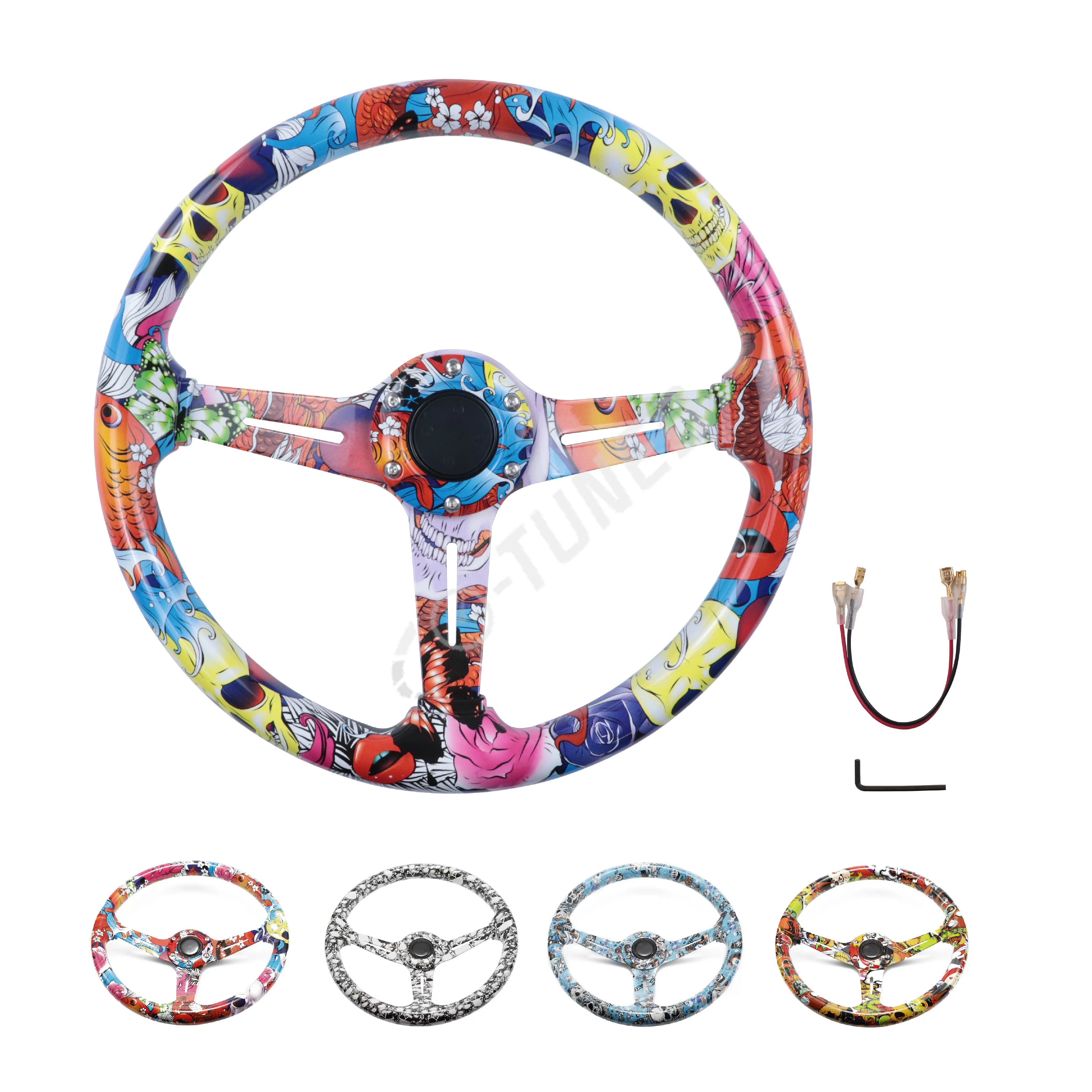 JDM Round Graffiti Cartoon Pattern Steering Wheel Sport Game Steering Wheel Racing Water Transfer Steering Wheel