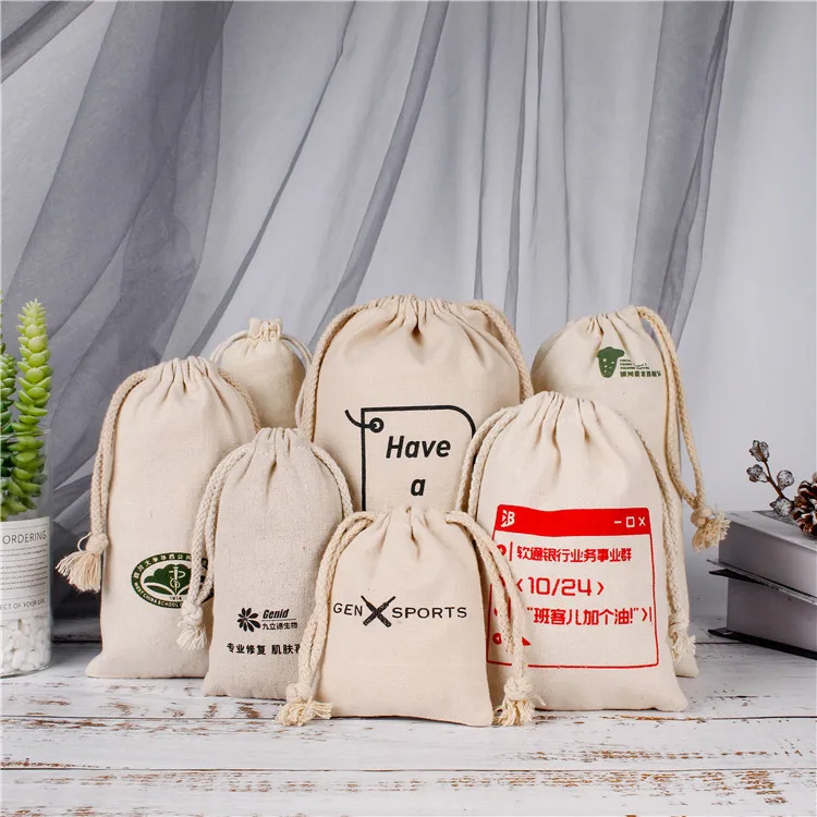 
Recyclable Calico cotton drawstring gift pouch with custom logo/design, small natural color tote bag with strings jewelry bag 