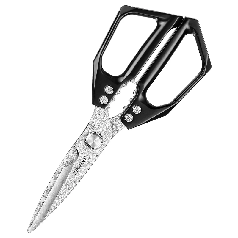 XINZUO New Multipurpose High Quality 110 Layers Damascus Steel Black Kitchen Scissors Stainless Cutting Shears with Gift Box