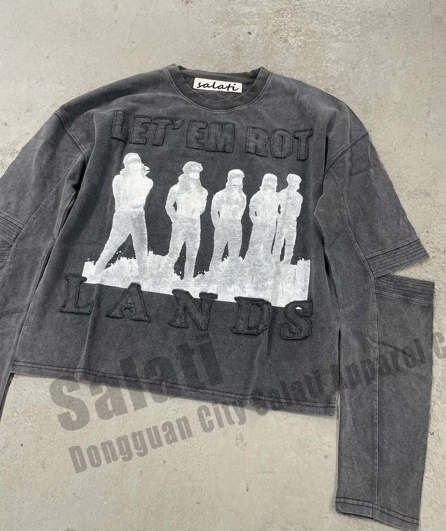Customize Graphic Cropped Top Tee Print Black Applique Embroidery Cotton Stone Acid Wash Long Sleeve T-shirts T Shirt for Men gallery 3