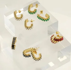 Gold-color Plated Stainless Steel Geometric Natural Stone U-Shaped Hoop Earrings for Women Fashionable