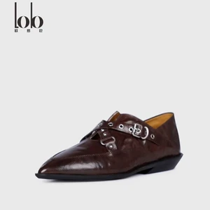 Women's Flat Pointed Toe Cow Leather Buckle Design Western Style Autumn Winter Spring Shoes