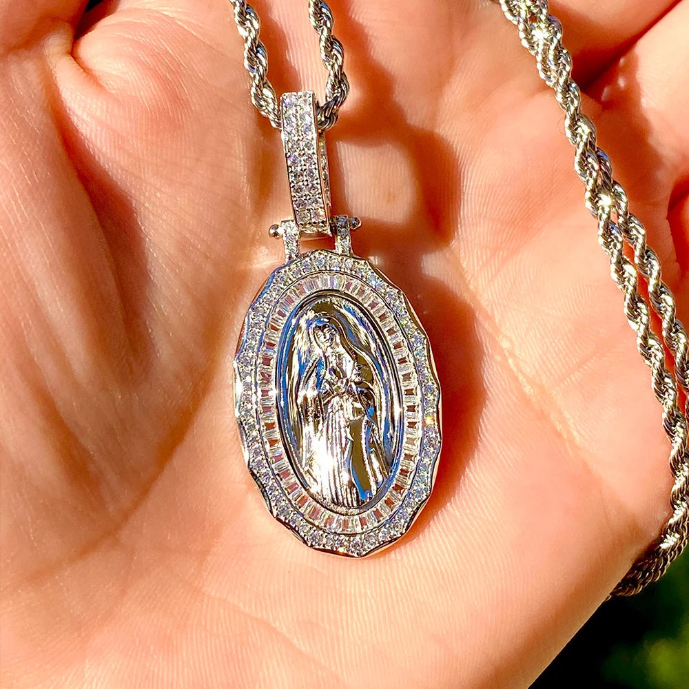 Wholesale Custom Virgin Mary Pendant Hiphop Gold Men Cz Iced Out Diamond Hip Hop Jewelry Virgin Mary Necklace