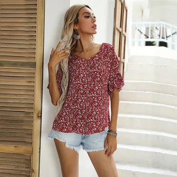 Women Casual Tops Chiffon Blouse Online Shopping Girls V Neck Floral Print Long Sleeve Loose Summer Shirt / Blouse for Women Red