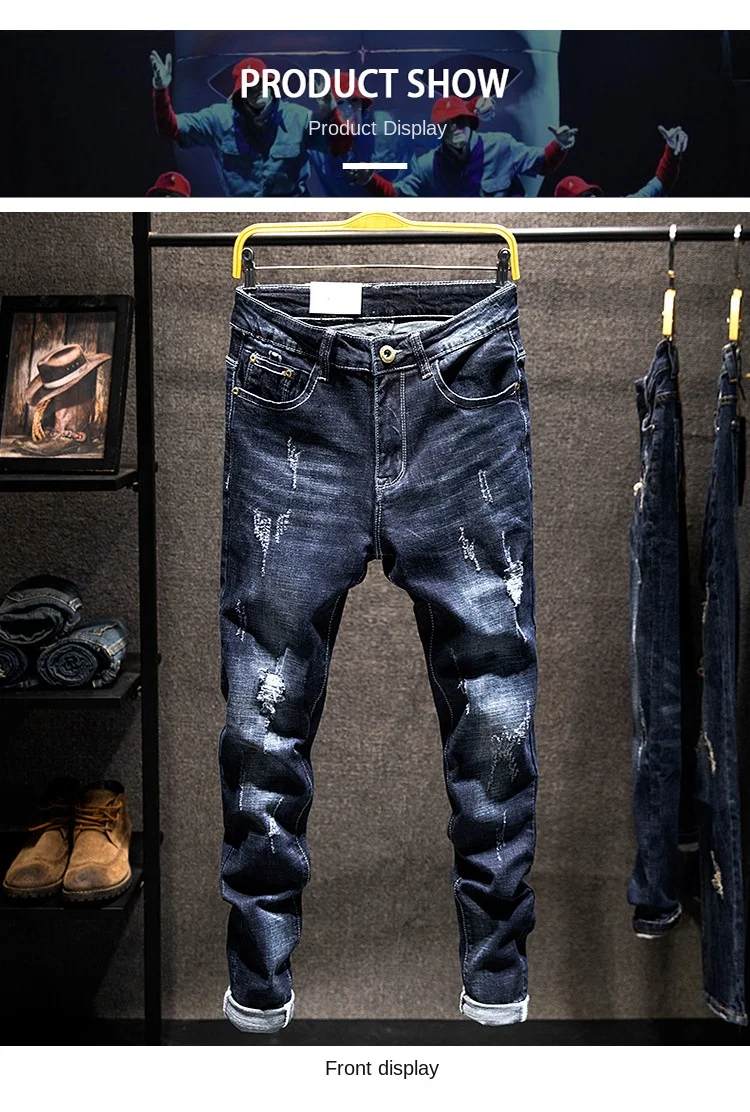 Nuovo inverno elasticizzato strappato moda versatile versione coreana slim semplice uomo piccolo piede pantaloni jeans uomo 2024_voghion.com