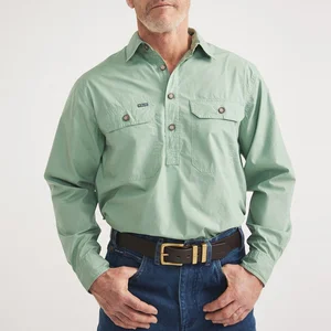 Workshirt Half Button Light Weight 100%Cotton Long Sleeve Cowboy Shirt Tops for Men Western Workshirt