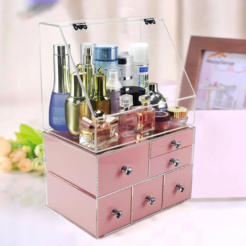 Large Clear Makeup Organizer Acrylic Cosmetic Storage Drawers Jewelry Display Box 6 Pink Drawer Organizer