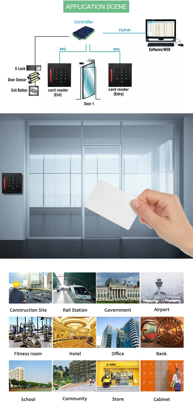 Wiegand26/34 RFID Chip Card Reader Access Control With Doorbell RFID Reader Waterproof Keypad Access Control