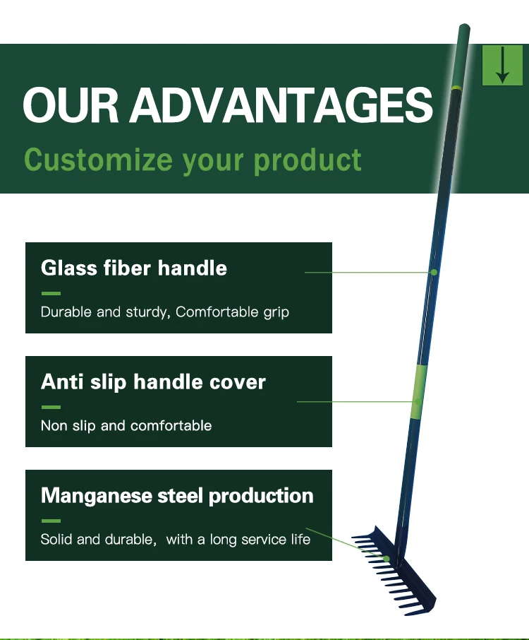 product wholesale factory  customized carbon steel metal farming  garden leaf  rake with long fiberglass handle-3
