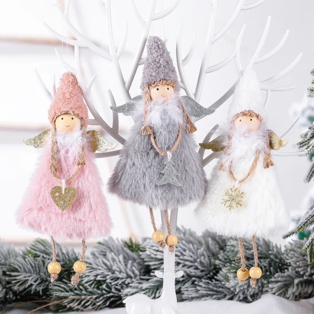 GENICCHIO Christmas Decoration Christmas Tree Ornaments Angel Elk Doll Pendant Christmas Crafs Plush Doll 3 Pieces Pink Grey White