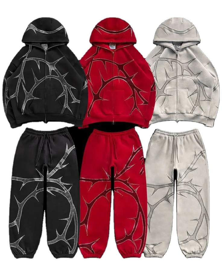 Custom Two-Piece Vintage Style Men's Puff Print Sweatsuit Jogger Set Short Tracksuit with Sweatpants and Hoodie