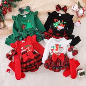 For 25-Year Cross-Border European and American Baby Cotton Flying Sleeve Top Plaid Skirt Socks Christmas Suit