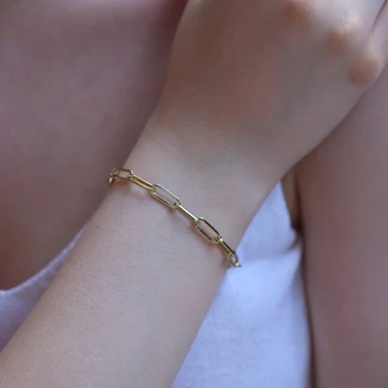 Bracciale a catena con maglie a graffetta in oro riempito per donna, bracciali impilabili con maglie rettangolari in acciaio inossidabile