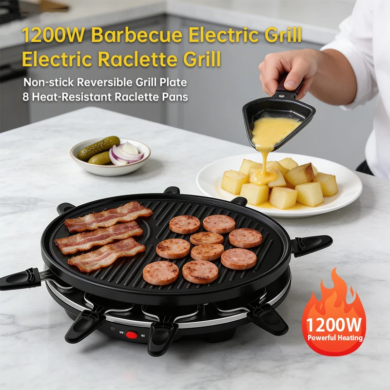 Portable Smokeless Electric Raclette Grill Pan 30cm Aluminum Adjustable Temperature Control Non-Stick Coating Dismountable Oil