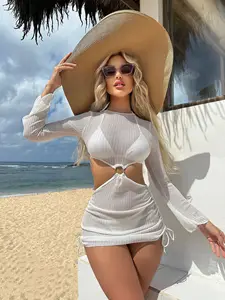 2026 New Women's Three-piece Mini Bikini Set, Long-sleeved See-through Beach Skirt with Tassel Embellishments and Thong Bottoms