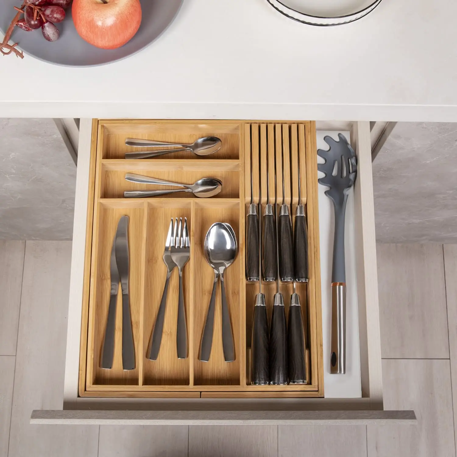 product expandable bamboo drawer organizer removable knife block 8 compartments kitchen silverware cutlery tray utensil storage divider-8