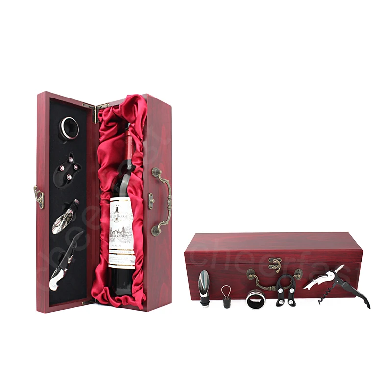 Most Popular 750ML Red Wine Single Bottle Gift Box and 4 Piece Accessories Kit With Metal Handle Wine Wooden Single Box