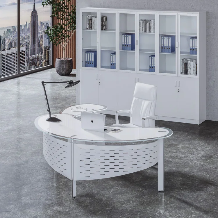 Curved Semi Circle/half Round Black Office Desk Tempered Glass Round