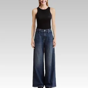 2026SF Women's Elegant Blue Vintage Style Denim Jeans High Waist Loose Fit Stretch Straight Button Closure Breathable for Summer