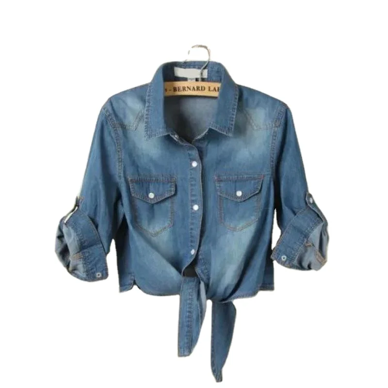 2023 Women's Casual Top Elegent Button Down Denim Shirt with Long Vintage Sleeves Loose Fit Cotton Jeans for Autumn Season