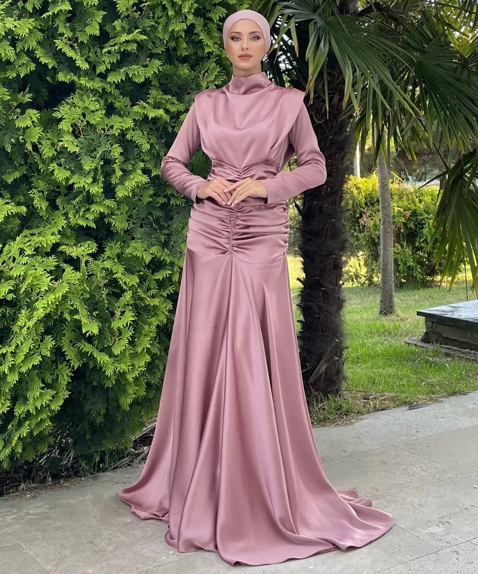 Custom Islamic Evening Dress Dubai Muslim Satin Modest Dress Long