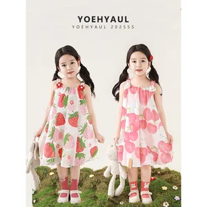 YOEHYAUL X5221 Knee-Length Strawberry Peaches Fruit Print Baby Cute Dress Cotton Spaghetti Strap Beautiful Girls Kids Dress
