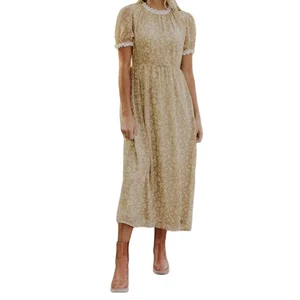 Elegant Floral Short Sleeve Ruffle Lace Neck Empire Waist Straight Silhouette Gathered Chiffon Mini Dress for Women