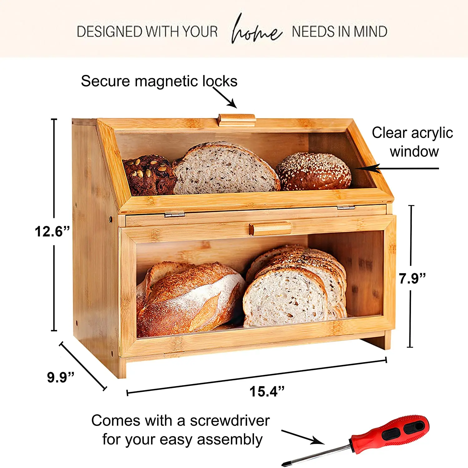 product wholesale bread box countertop bamboo kitchen storage box food bread storage bin wooden storage box food organizer-2