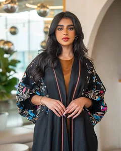 Black Embroidered Long Sleeve Linen Cotton  Fashion Muslim Womens Open Abaya Custom Made  Oem Odm