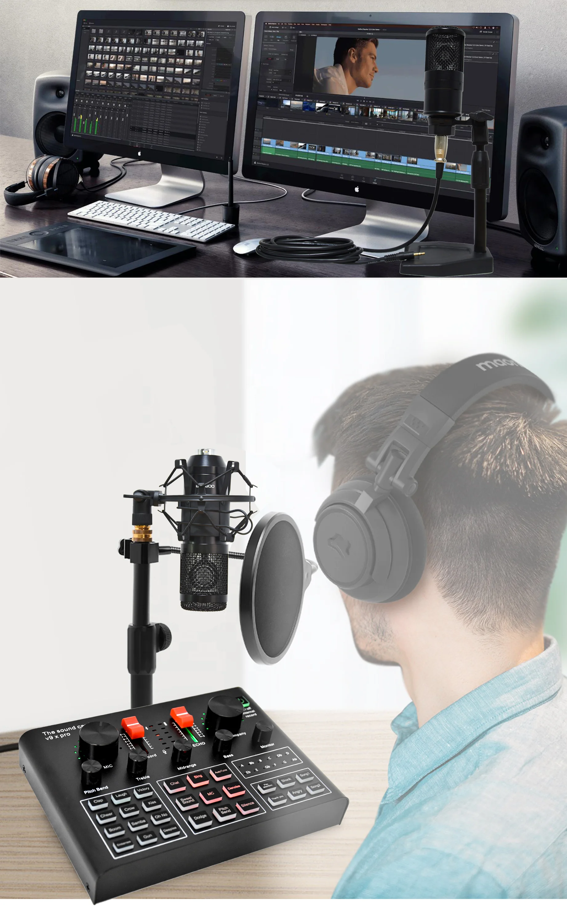 V9XPro Sound Card Studio Mixer Noise Reduction Portable Microphone Voice BM800 Live Broadcast for Phone Computer Record V9X Pro