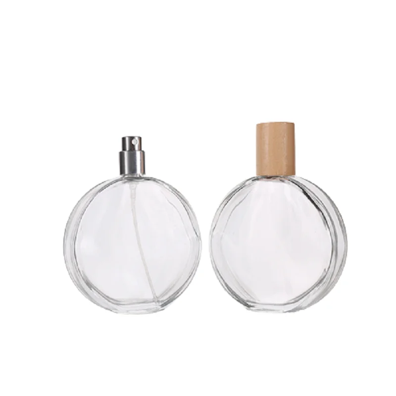Flat Round 100ml Glass Perfume Bottle Clear Perfume Oil Bottles Bamboo Wood Lid Cosmetic Empty Perfume Bottle with Bayonet Cap