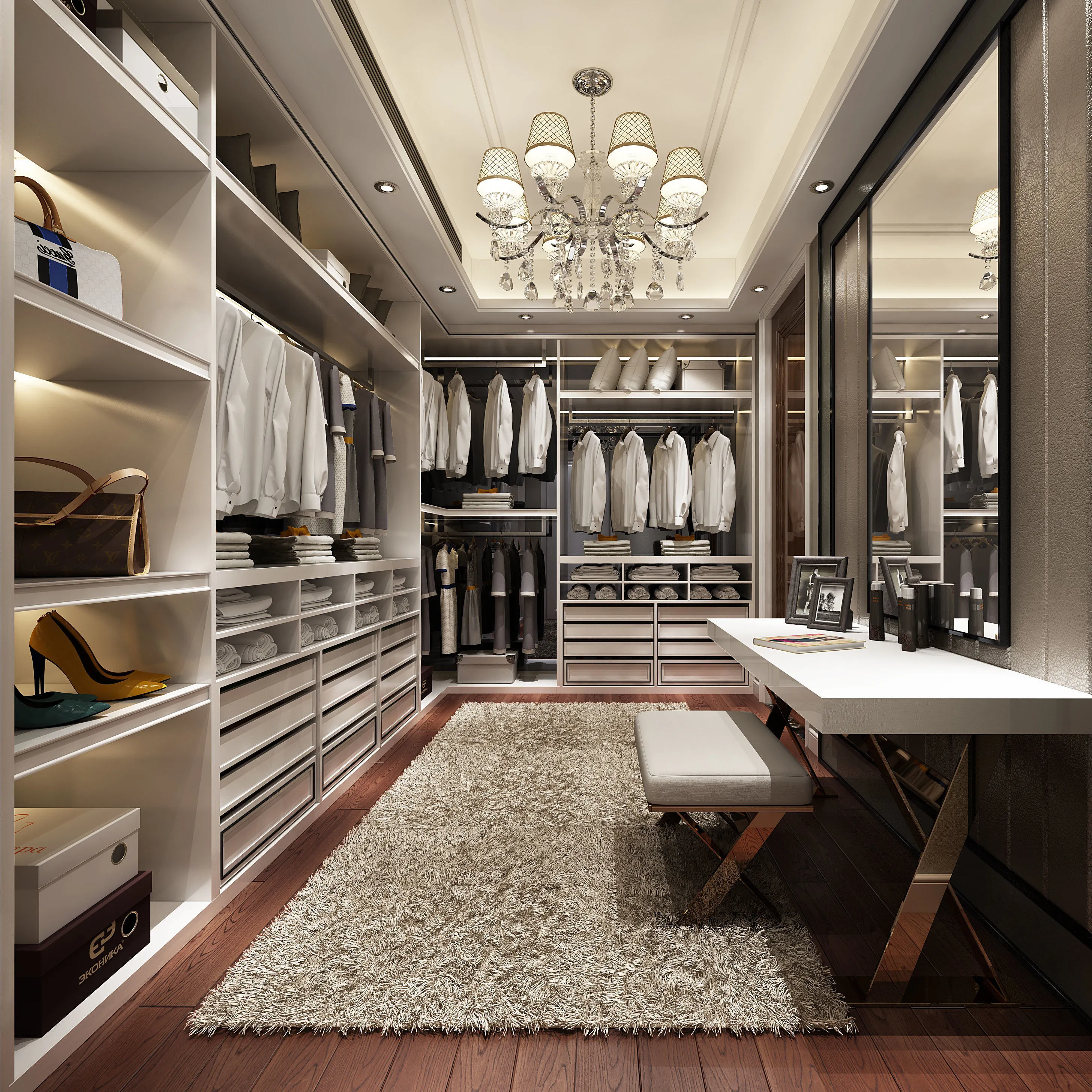 European Modern Style Bedroom Furniture Luxury Walk-in Closet Sets with Led  Lights Wardrobe Closet with Glasses