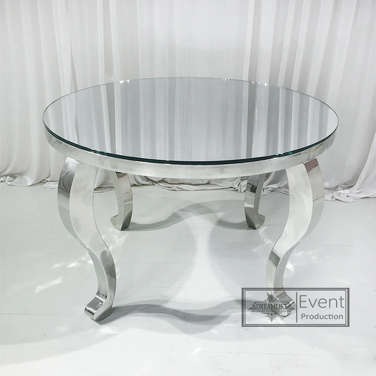 Cheap Modern Round Table Set 4 Seater Mirror Glass Top Stainless Steel