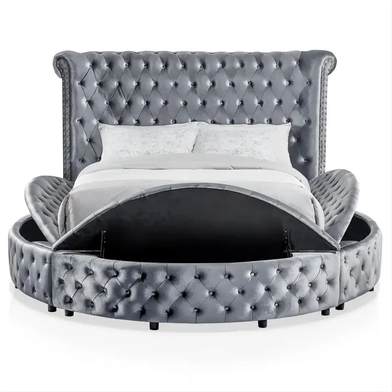 Upholstered Hotel Wooden Bed Modern Storage Queen Size Round Bed Frame