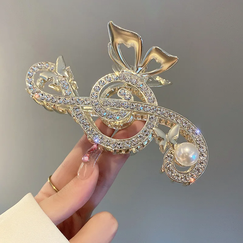 Notes Music Hair Claw Elegant Shark Clip Girl\'s Ponytail Claw Vintage Elegant Rhinestone Pearl Note Hair Clip Luxury Clef  main image 4