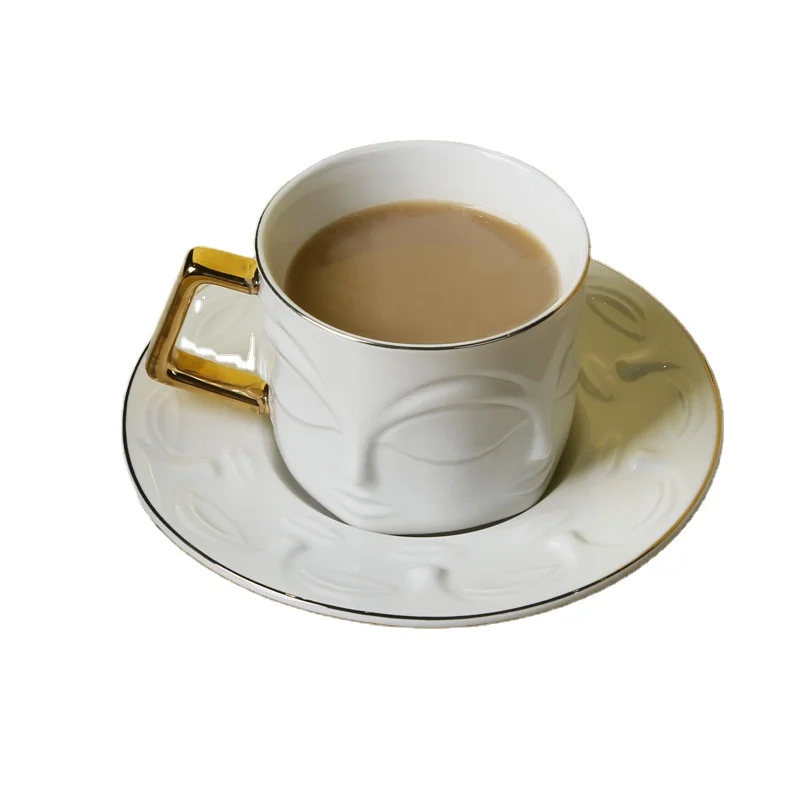 High Quality Fine Bone China Embossed Coffee Cup and Saucer Face Design Cup with Saucer White Cup