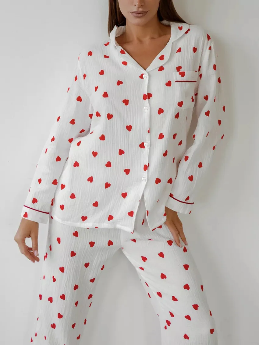 Women's Cotton Pajama Set Heart Print Breathable Long Sleeve Shirt Full Length Pants Turn-Down Collar Spring Sleepwear — detail