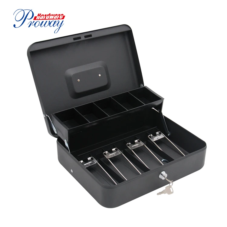 Двухслойный кассовый ящик стальной черный с лотком для денег алюминиевый