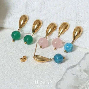 Natural Stone Ball Charm Pendant Drop Earrings Real 18K Gold Plated Stainless Steel Earring for Women Fashion Jewelry