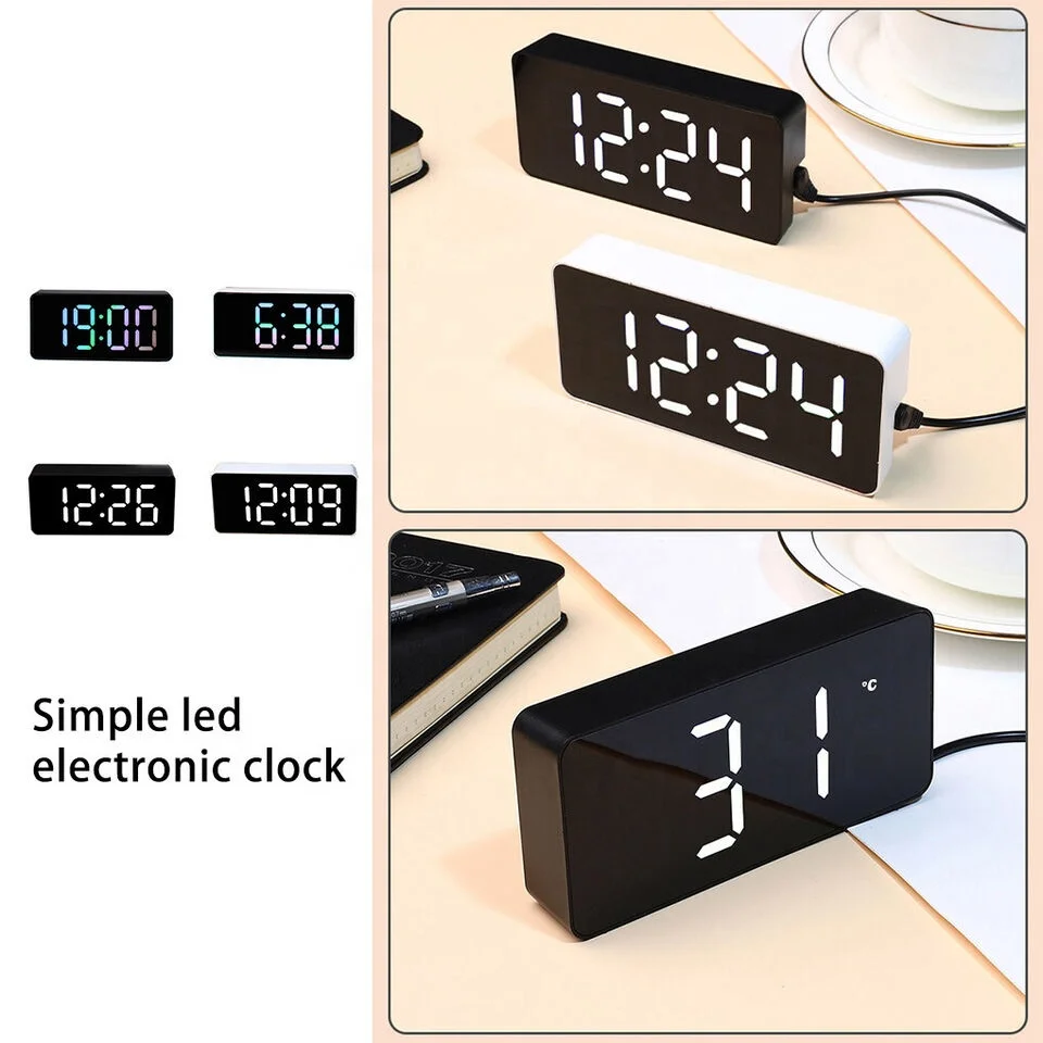 USB/Battery Operated LED Digital Mirror Alarm Clock With Temperature Bedside Desk Snooze Alarm