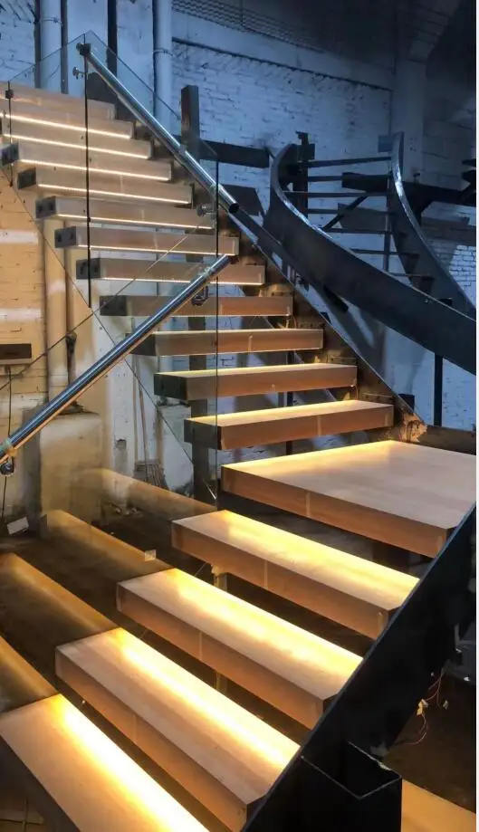 Floating modern staircase indoor invisible steel stringer wood stairs with glass railing factory